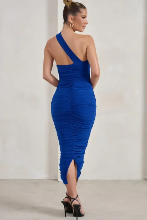 Connie | Cobalt Blue Ruched Asymmetric Neckline Midi Dress