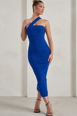 Connie | Cobalt Blue Ruched Asymmetric Neckline Midi Dress