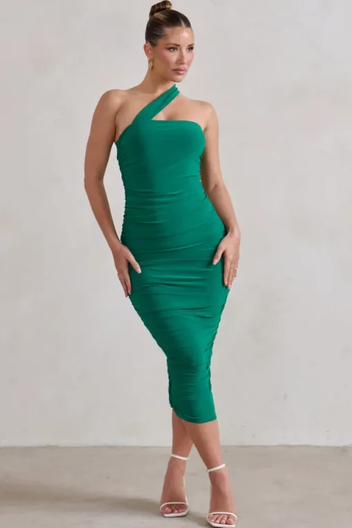 Connie | Green Ruched Asymmetric Neckline Midi Dress