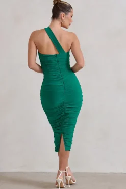 Connie | Green Ruched Asymmetric Neckline Midi Dress