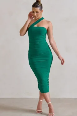 Connie | Green Ruched Asymmetric Neckline Midi Dress