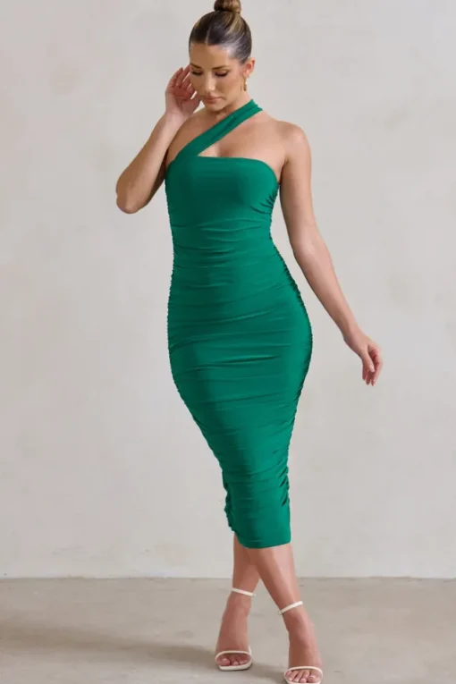 Connie | Green Ruched Asymmetric Neckline Midi Dress