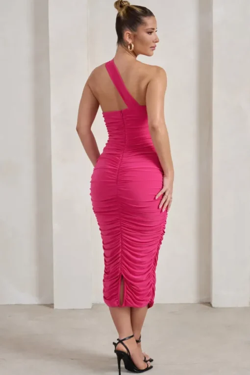 Connie | Hot Pink Ruched Asymmetric Neckline Midi Dress