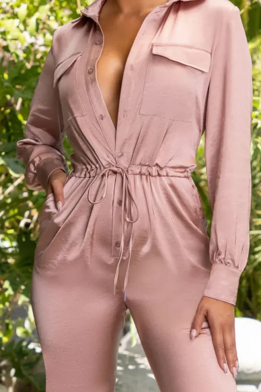 Cooling Off | Nude Satin Wide Leg Shirt Jumpsuit