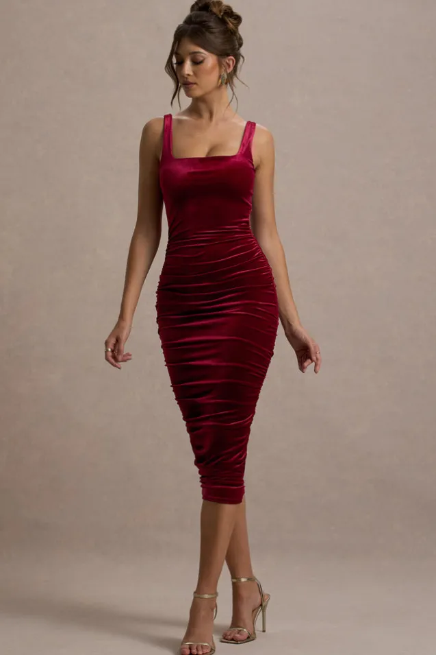 Cora | Berry Velvet Square-Neck Bodycon Midi Dress