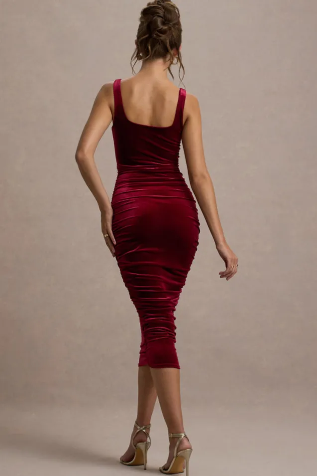 Cora | Berry Velvet Square-Neck Bodycon Midi Dress