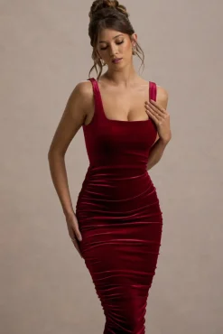 Cora | Berry Velvet Square-Neck Bodycon Midi Dress