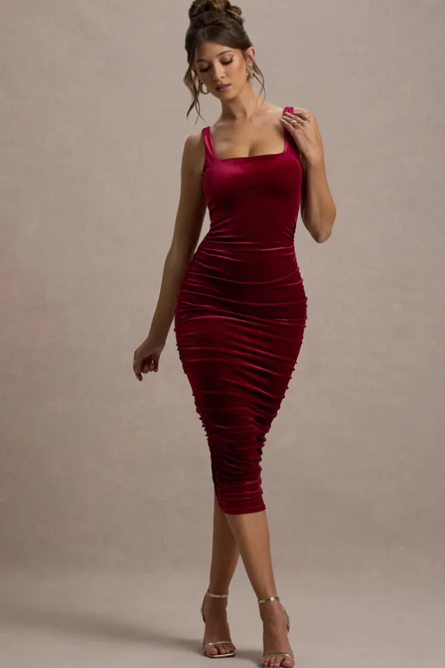 Cora | Berry Velvet Square-Neck Bodycon Midi Dress