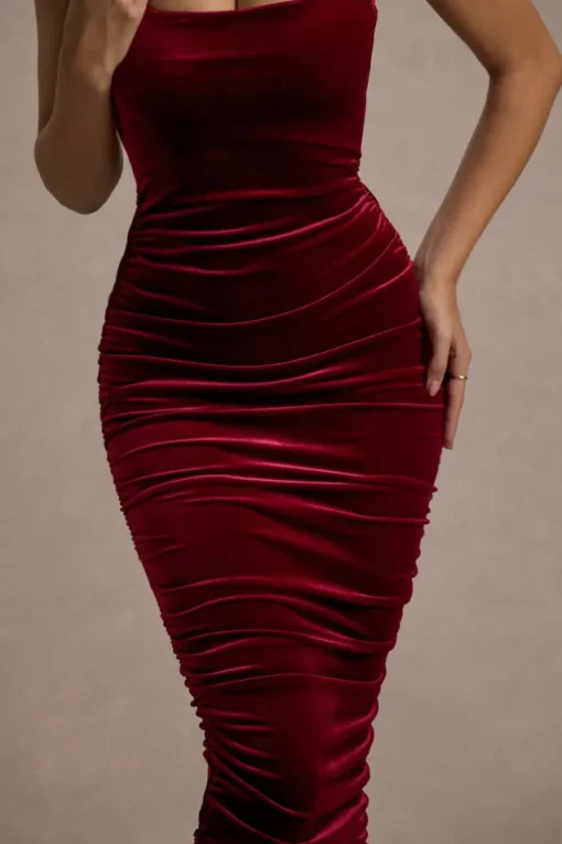 Cora | Berry Velvet Square-Neck Bodycon Midi Dress