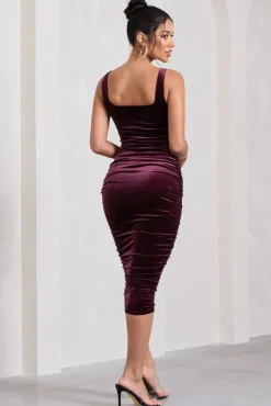 Cora | Port Velvet Square Neck Bodycon Midi Dress