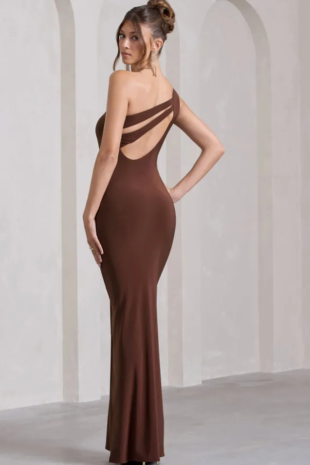 Coralina | Chocolate Brown One Shoulder Open-Back Split Maxi Dress