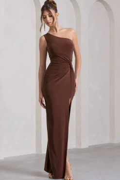 Coralina | Chocolate Brown One Shoulder Open-Back Split Maxi Dress