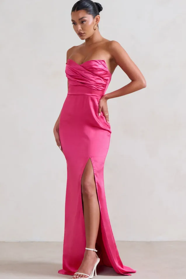 Coraline | Hot Pink Strapless Maxi dress With Split