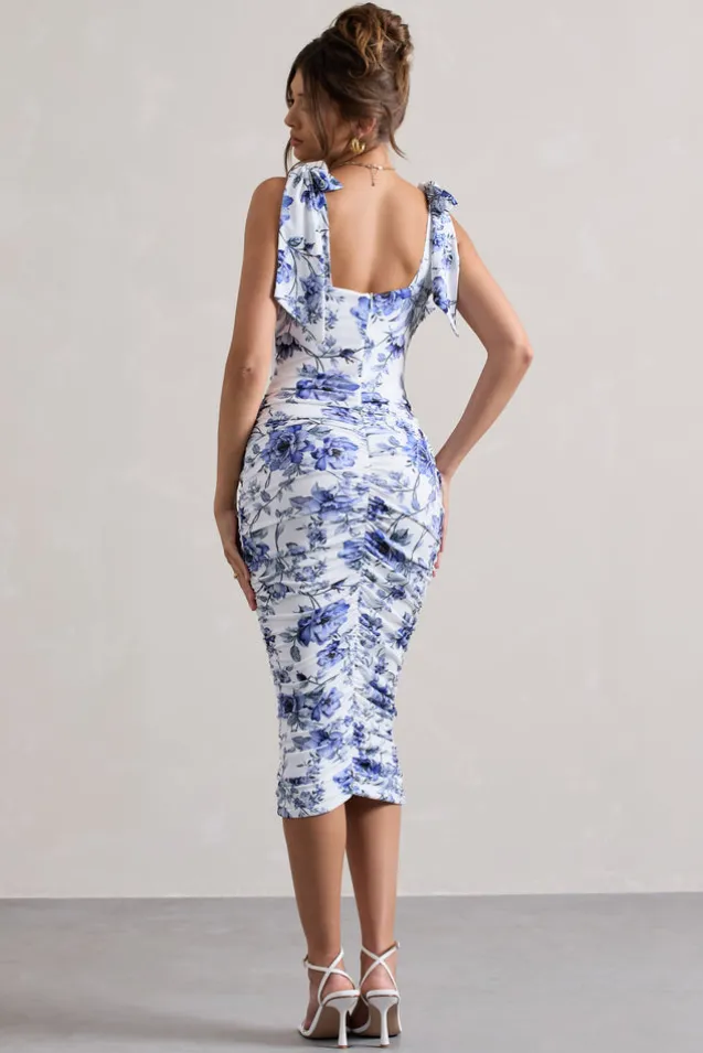 Cordelia | Floral Print Bodycon Midi Dress With Bow Straps