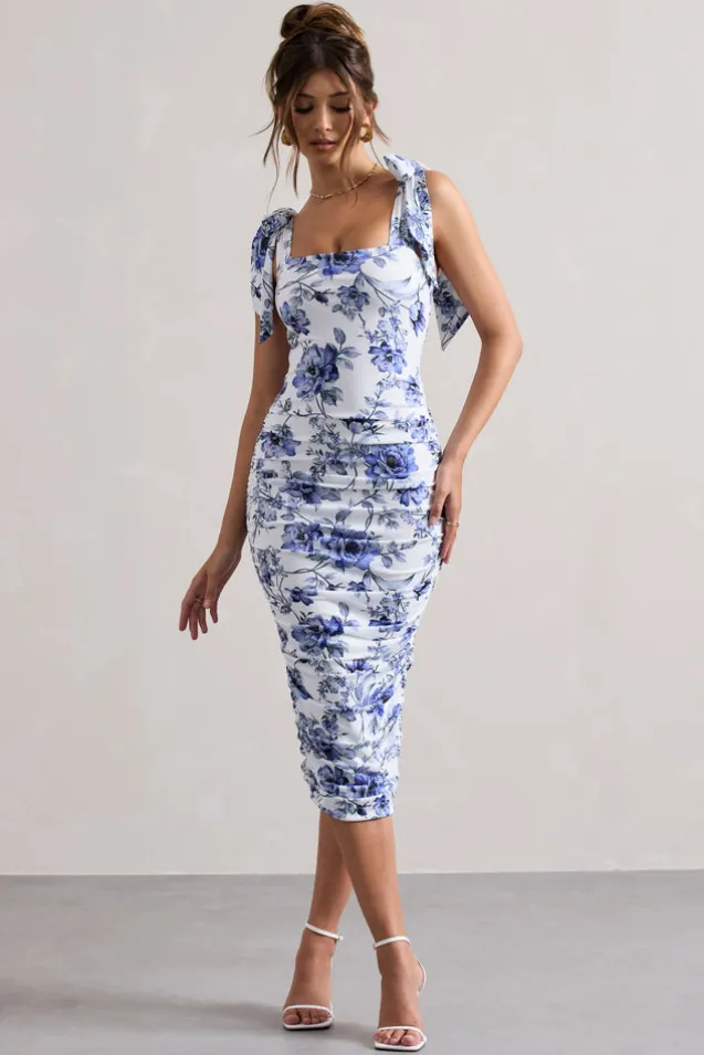 Cordelia | Floral Print Bodycon Midi Dress With Bow Straps