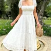 Corfu | White Lace Puff-Sleeve Belted Midi Dress