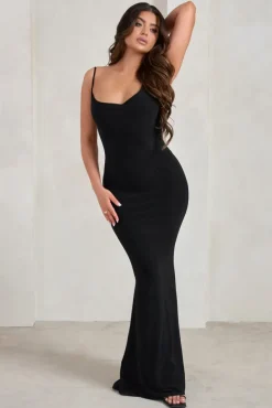 Corinne | Black Asymmetric Cowl Neck Backless Maxi Dress