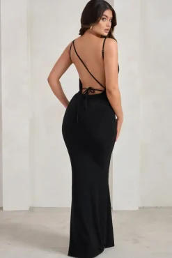 Corinne | Black Asymmetric Cowl Neck Backless Maxi Dress