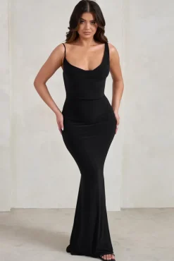 Corinne | Black Asymmetric Cowl Neck Backless Maxi Dress