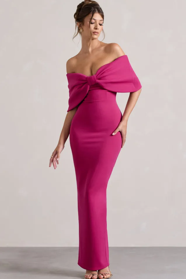 Cornelia | Hot Pink Strapless Maxi Dress With Oversized Bow