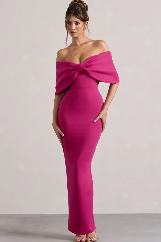Cornelia | Hot Pink Strapless Maxi Dress With Oversized Bow