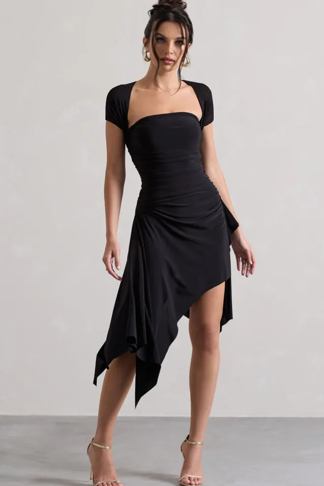 Corsica | Black Gathered Mesh Long-Sleeve Draped Mini Dress