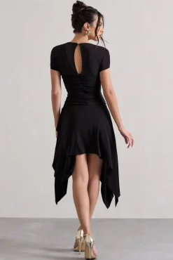Corsica | Black Gathered Mesh Long-Sleeve Draped Mini Dress