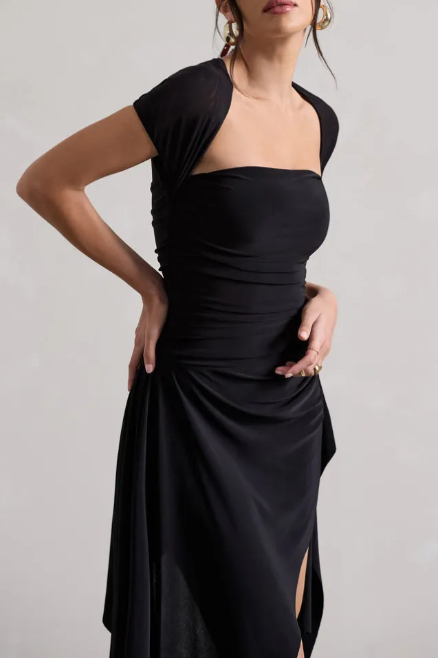 Corsica | Black Gathered Mesh Long-Sleeve Draped Mini Dress