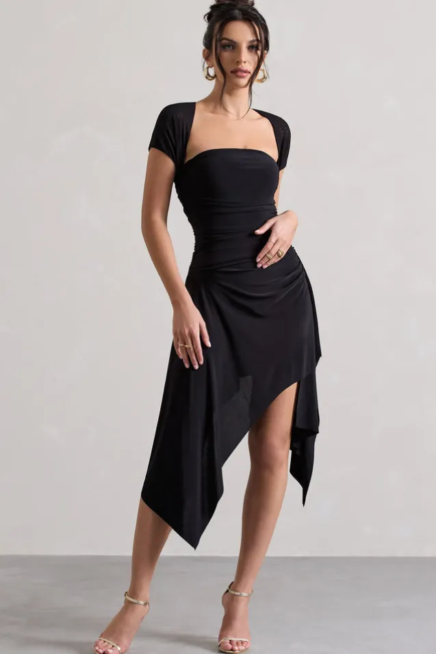 Corsica | Black Gathered Mesh Long-Sleeve Draped Mini Dress