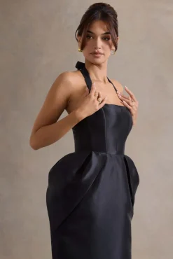 Cosetta | Black Halter-Neck Midi Dress With Tulip Skirt