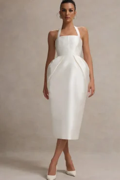 Cosetta | White Halter-Neck Midi Dress With Tulip Skirt
