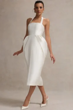 Cosetta | White Halter-Neck Midi Dress With Tulip Skirt
