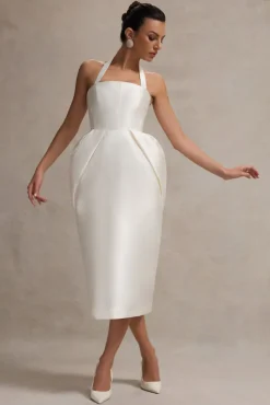 Cosetta | White Halter-Neck Midi Dress With Tulip Skirt