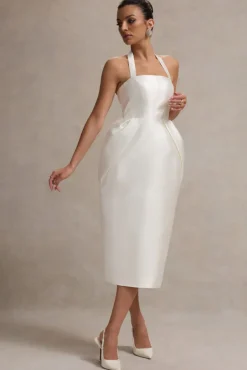 Cosetta | White Halter-Neck Midi Dress With Tulip Skirt