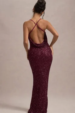 Cosmic | Berry Sequin Square-Neck Strappy Maxi Dress