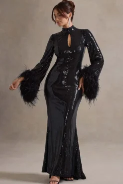 Cosmic Star | Black Sequin High-Neck Maxi Dress With Feather Cuffs