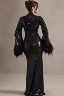 Cosmic Star | Black Sequin High-Neck Maxi Dress With Feather Cuffs