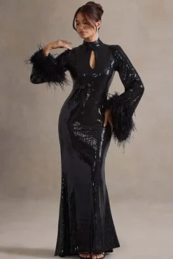 Cosmic Star | Black Sequin High-Neck Maxi Dress With Feather Cuffs