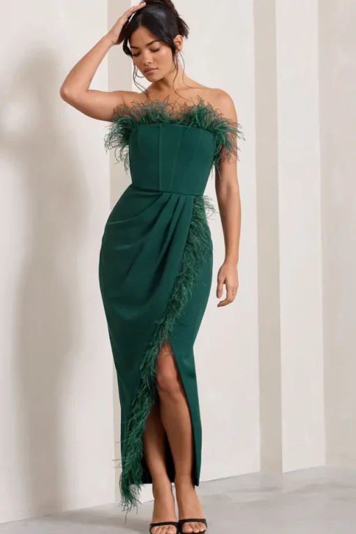 Cosmo | Bottle Green Bandeau Feather Corset Split Maxi Dress