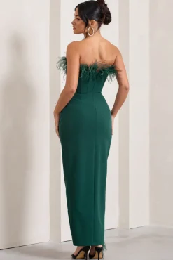 Cosmo | Bottle Green Bandeau Feather Corset Split Maxi Dress