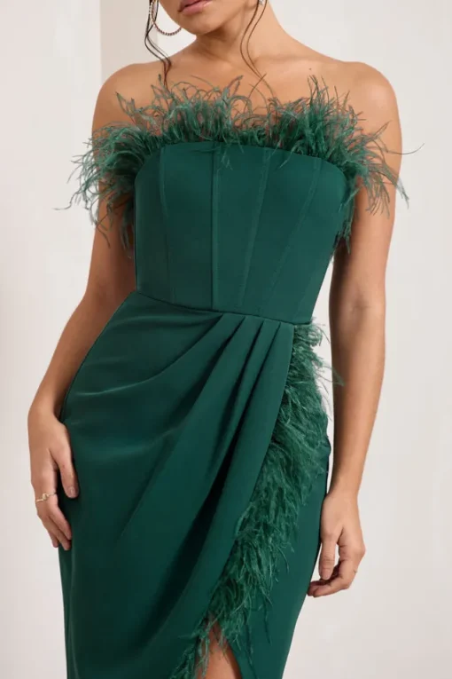 Cosmo | Bottle Green Bandeau Feather Corset Split Maxi Dress