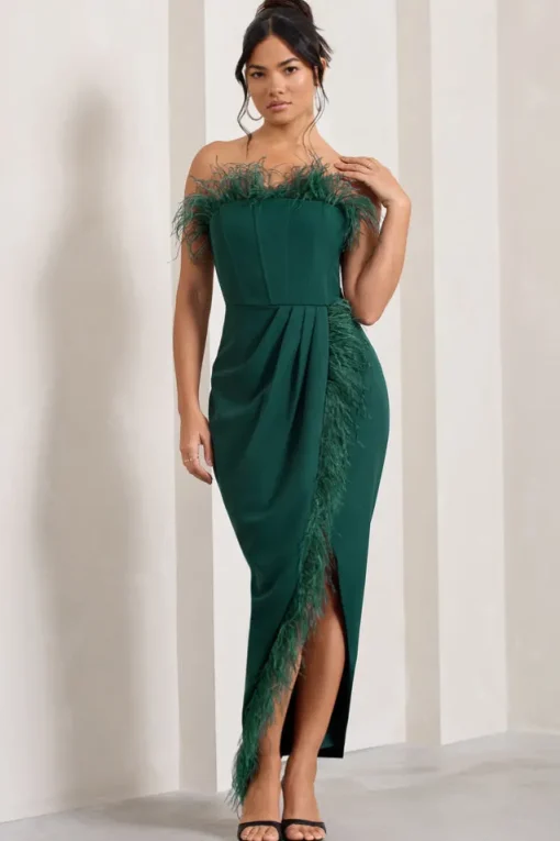 Cosmo | Bottle Green Bandeau Feather Corset Split Maxi Dress