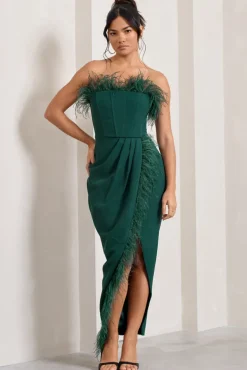 Cosmo | Bottle Green Bandeau Feather Corset Split Maxi Dress