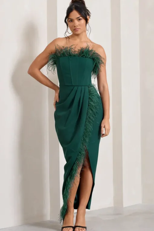 Cosmo | Bottle Green Bandeau Feather Corset Split Maxi Dress