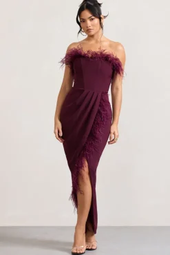 Cosmo | Burgundy Bandeau Feather Corset Split Maxi Dress