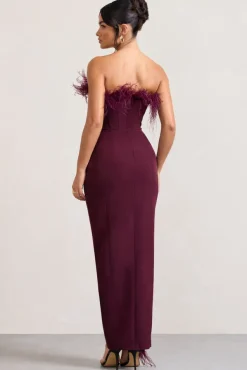 Cosmo | Burgundy Bandeau Feather Corset Split Maxi Dress