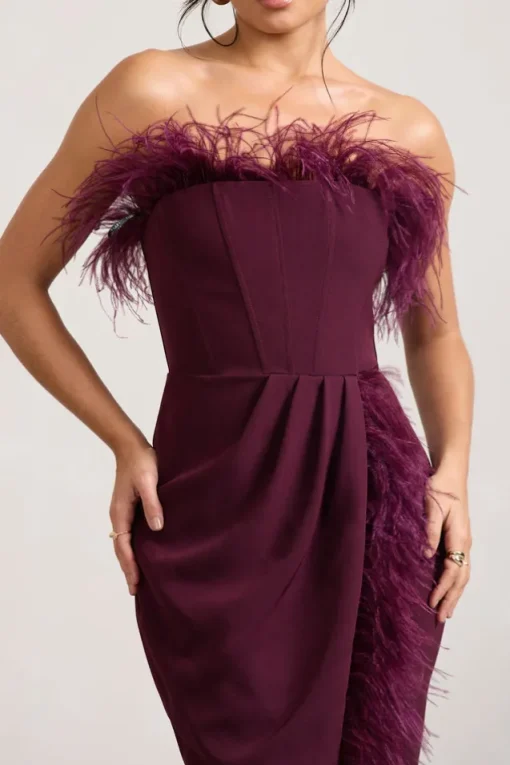Cosmo | Burgundy Bandeau Feather Corset Split Maxi Dress
