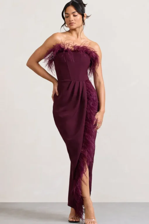 Cosmo | Burgundy Bandeau Feather Corset Split Maxi Dress