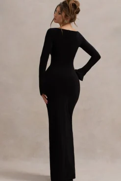 Cosmos | Black Asymmetric Long-Sleeve Split Maxi Dress