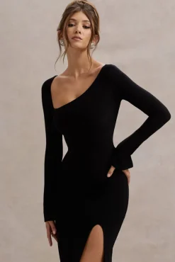 Cosmos | Black Asymmetric Long-Sleeve Split Maxi Dress